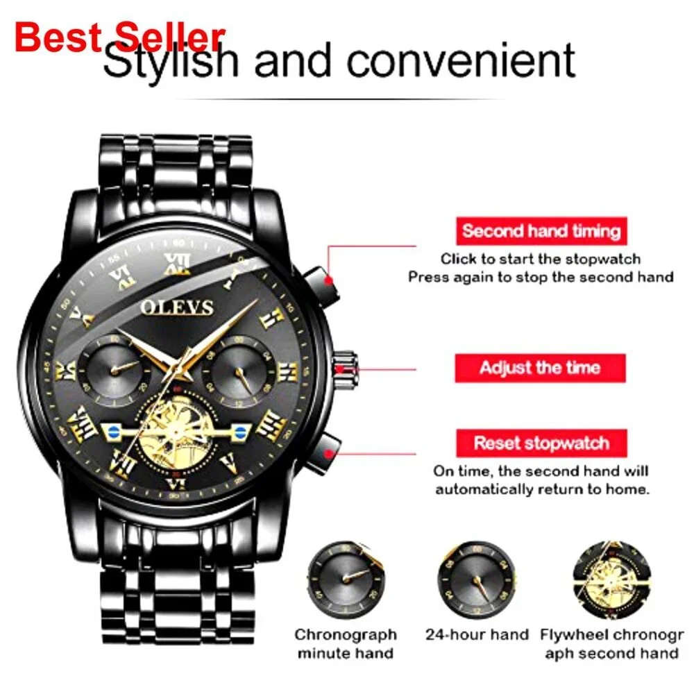 Stainless Steel Waterproof Chronograph Watch with Luminous Hands